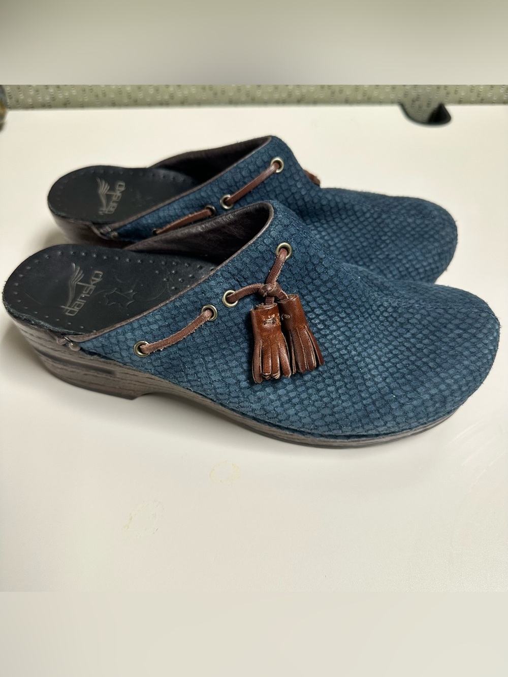 Blue Textured Slip-On Dansko Clogs with Brown Tassels 38